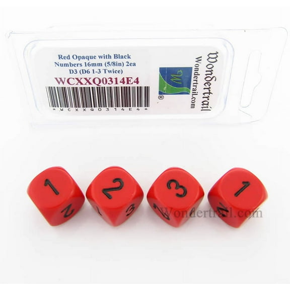 Red Opaque Dice with Black Numbers D3 (D6 1-3 Twice) 16mm (5/8in) Pack of 4 Wondertrail