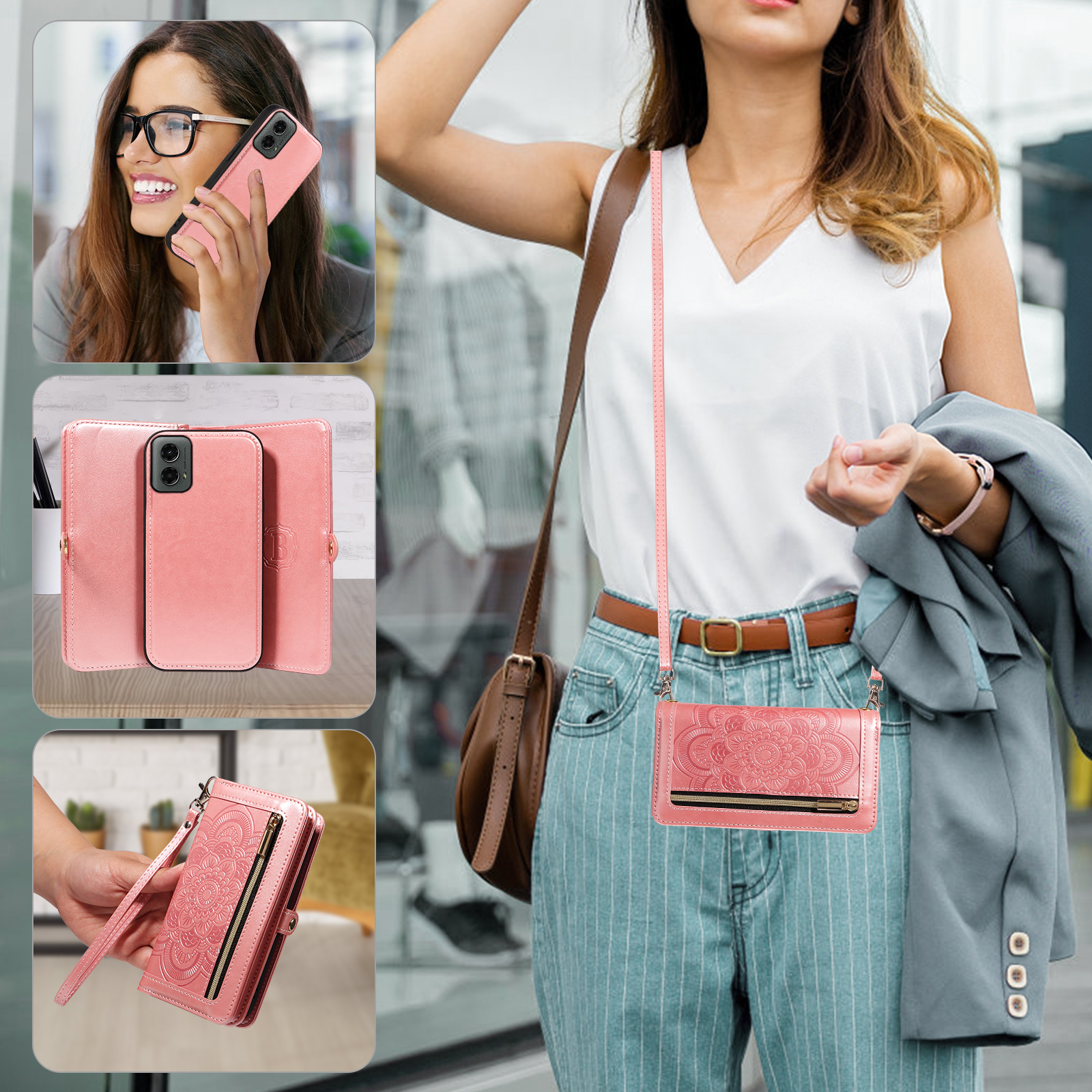 Asuwish Detachable Magnetic Zipper Wallet Phone Case with Flower Pattern and Screen Protector for Motorola Moto G 5G 2024, Rose Gold