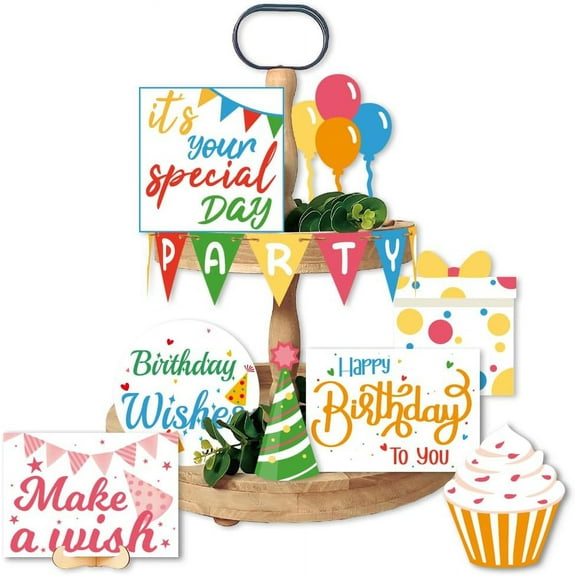 15-Piece Tiered Tray Set - Colorful Wooden Cake Style Table Decorations with Cupcake Signs for DIY Birthday Party Gift Idea