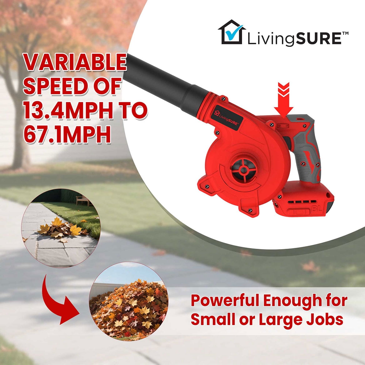 Cordless Compact Leaf Blower Vacuum by LivingSURETM Lightweight Electric Handheld Blower for Lawn and Leaf Care, Patio Cleaning, Dust Cleaner - Battery Not Included