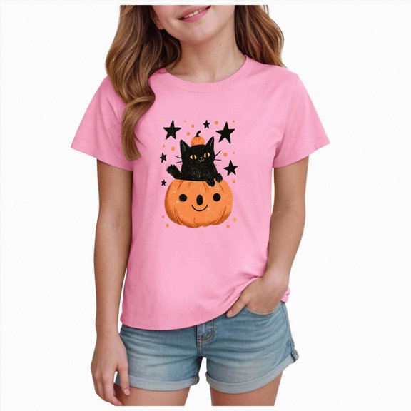 Enyan Girls Halloween Shirt Short Sleeve Pumpkin Graphic Shirts Kid Cute Tee Tops Girl Halloween Shirt(Size 9-10 Years)