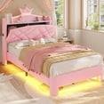 thumbnail image 3 of Princess Pink Bed Frame Twin with LED Lights & Charging Station, Velvet Platform Upholstered Bed for Teen Bedroom Pink Furniture, 3 of 9