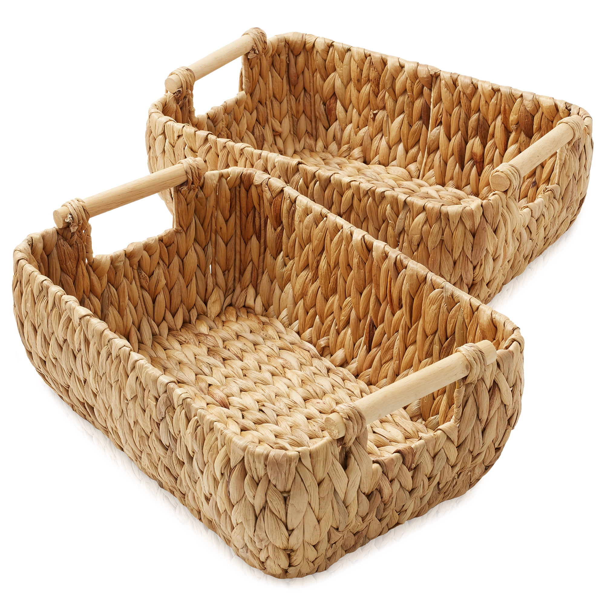Casafield (Set of 2) Water Hyacinth Oval Storage Baskets with Wooden Handles - Medium Woven Bin Organizers