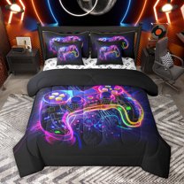 Homewish 3D Gamepad Player Twin Bedding Sets 7-Piece for Boy, Futuristic Glitter Stripes Bedding Comforter Set, Video Game Lover Reversible Sheet Sets, Ultra Soft Bedroom Decor