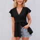 thumbnail image 2 of Whataatahia Camiseta con cuello en V para mujer, manga corta, patrón de puntos, cintura con volantes, cierre de botón, camiseta informal de verano, negro L, 2 of 6