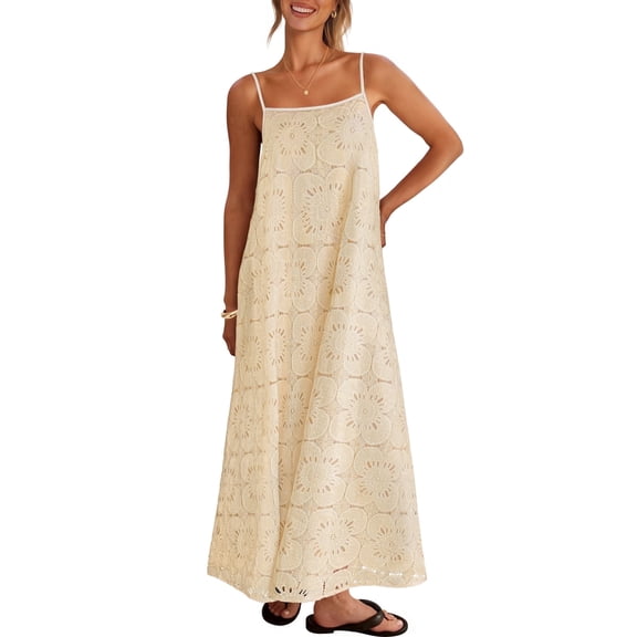 Merokeety Womens Summer Spaghetti Maxi Dress Sleeveless Floral Lace Eyelet Beach Sundress Apricot m