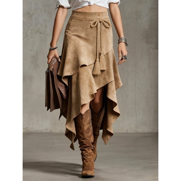 High Waisted Western Cowgirl Skirt, Asymmetrical Fringed Midi Skirt for Women, Vintage Boho Flowy Asymmetric Hem with Tassel Tie in Khaki & Brown