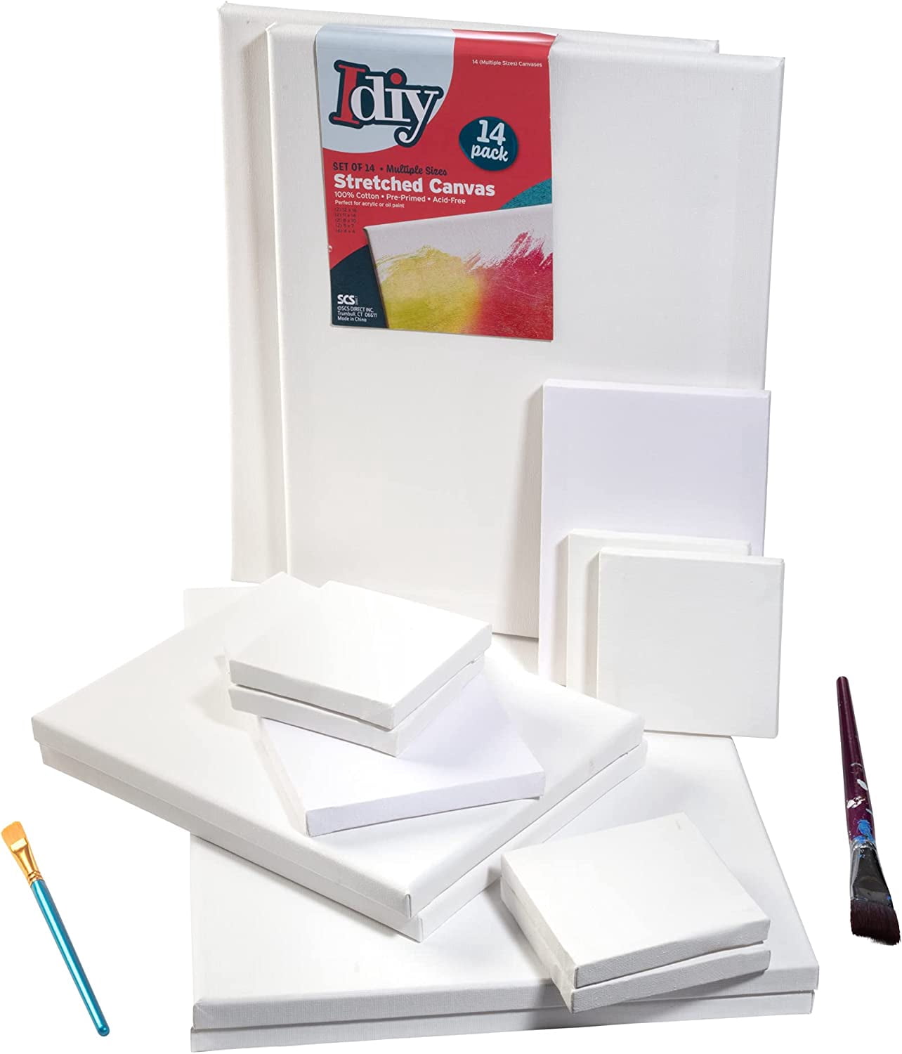 iDIY Stretched Canvas Board Multi Pack (Set of 14) - Sizes 4 x 4-12 x 16, 5/8 Variety Pack - Classic White Blank, Pre Primed for Oils or Acrylics, 100% Cotton, Acid Free - Professional Grad
