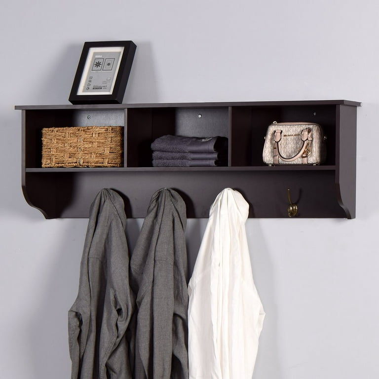 Gzxs Entryway Wood Coat Rack with 4 Hooks Modern Wall Mounted Storage Shelf  , Espresso