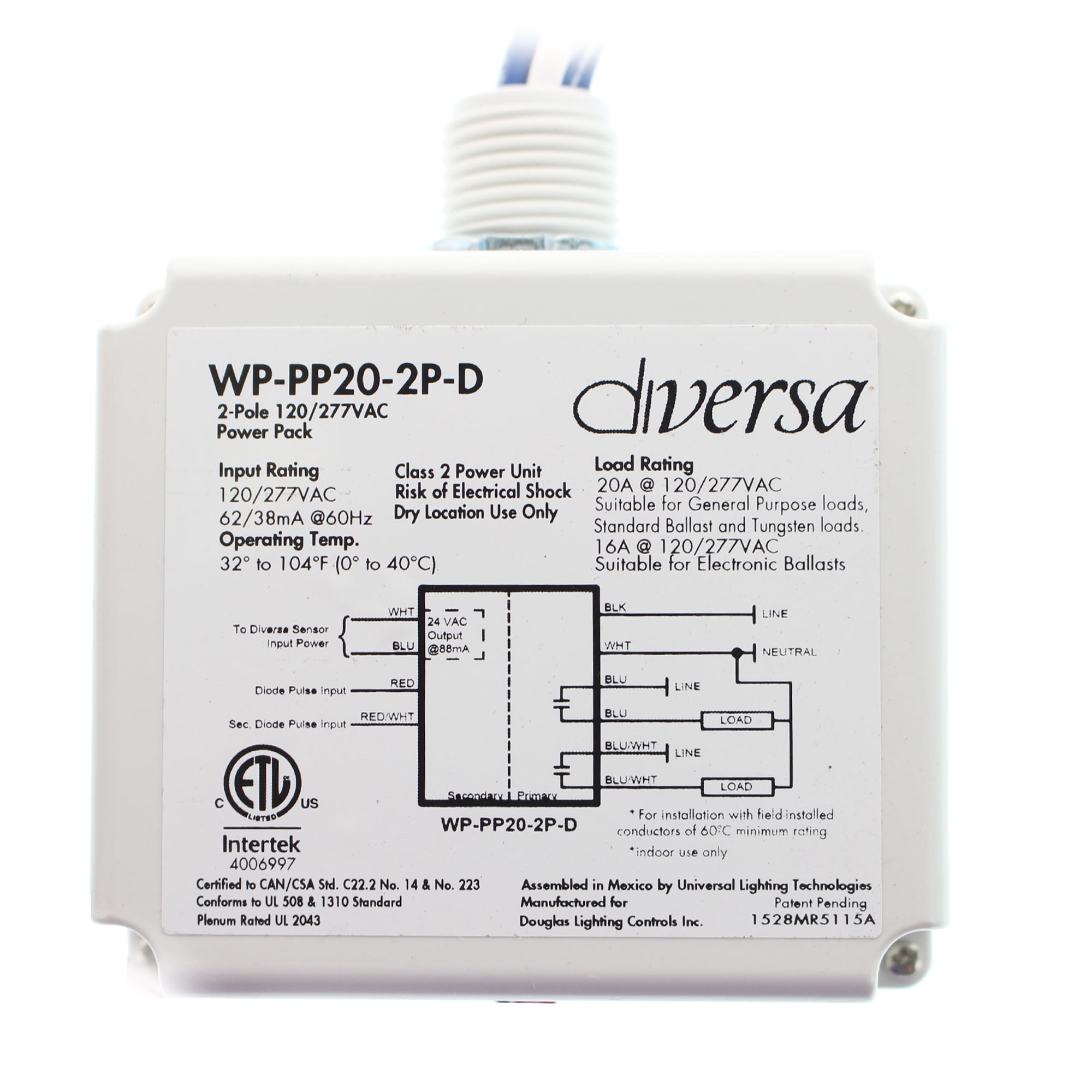 Diversa WPPP202PD Occupancy Sensor Power Pack, 2Pole, 20A, 120/277V