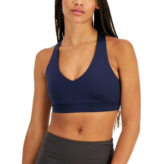 Ideology Women's Strappy-Back V-Neck Lined Sports Bra, Indigo Sea, L