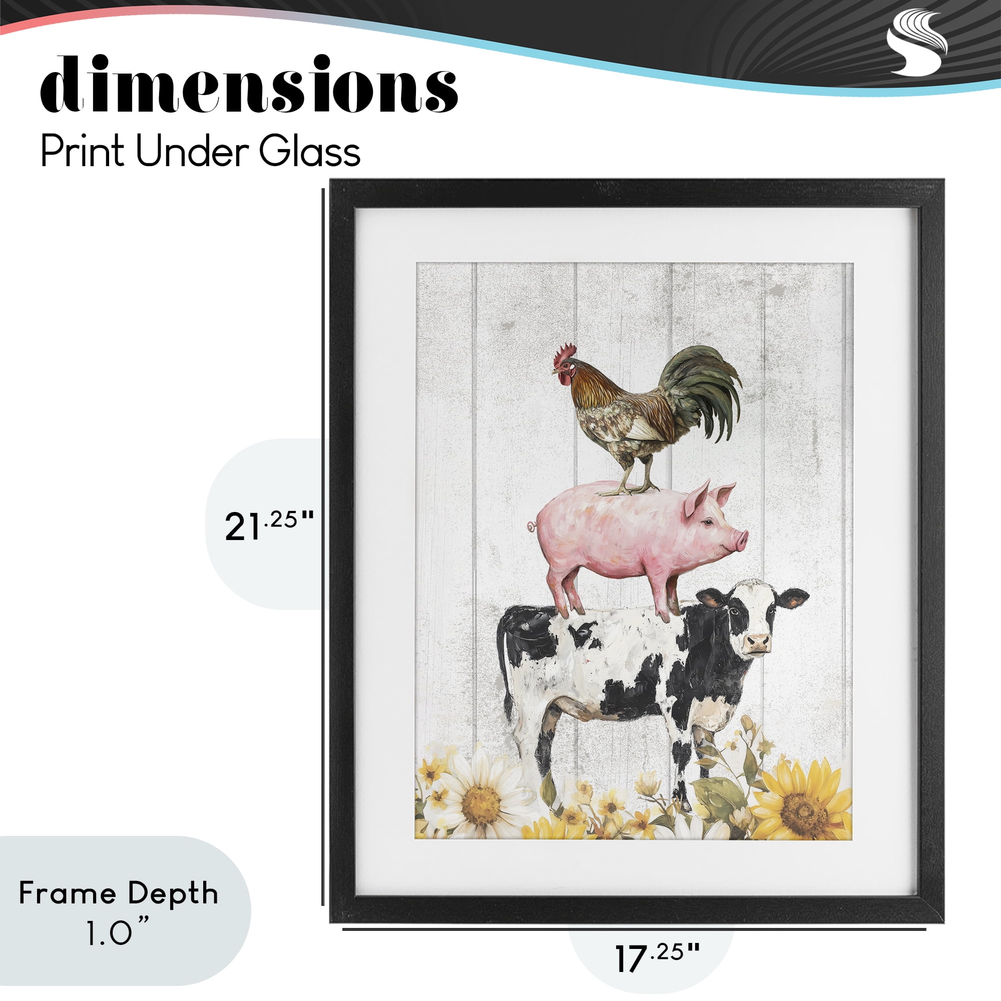 Stupell Industries Farm Animal Stack and Sunflowers Black Framed Print Under Glass, design by Christine Simpson Art