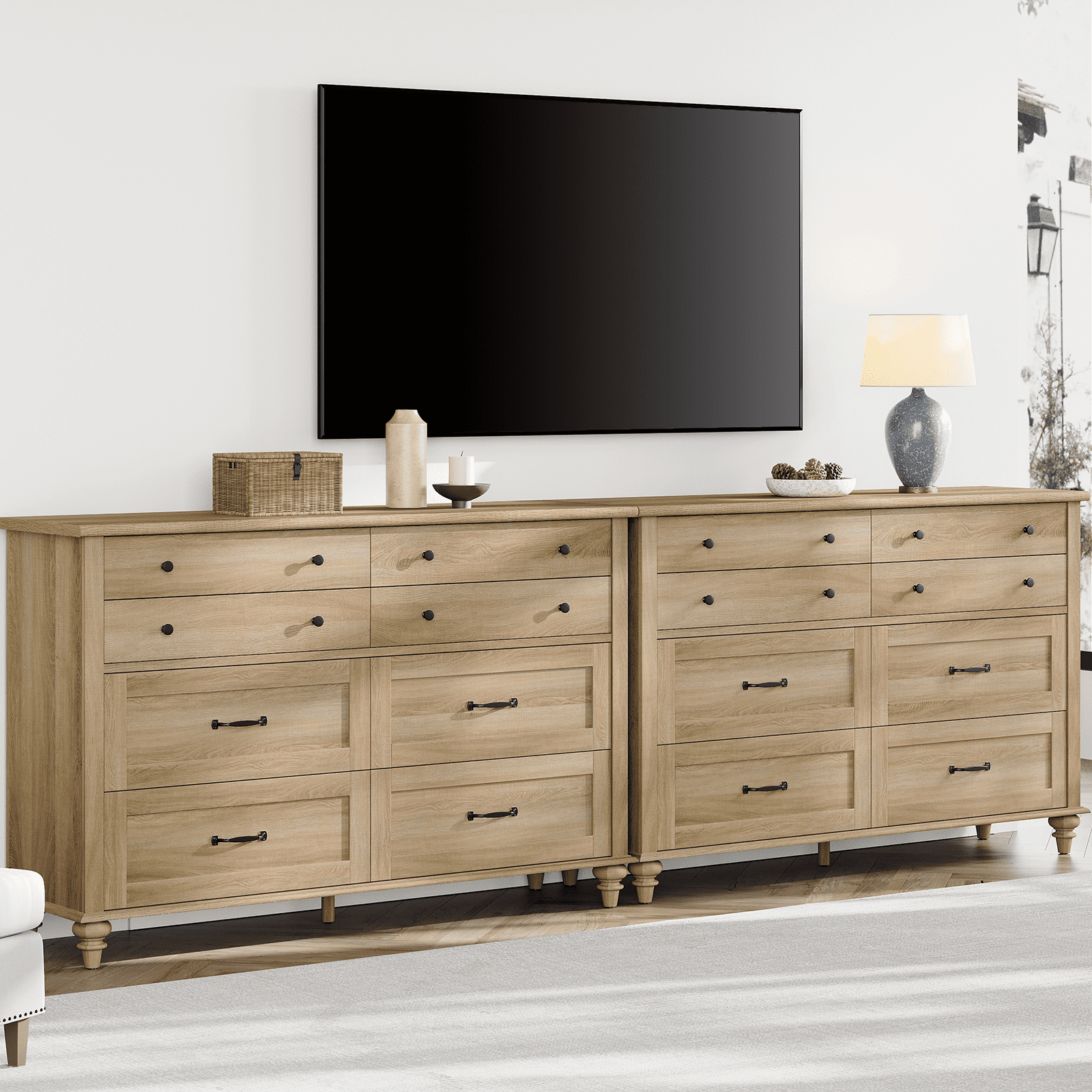Set of 2 Dressers with 16 Drawers, Large Dresser TV Stand for Living Room Kids Room, Oak