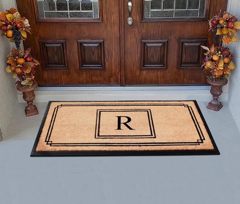 A1 Home Collections Rubber & Coir Mat, Heavy Duty, Extra Large, Front Door Mat 24"X48", Black/Beige Doormat Monogrammed R