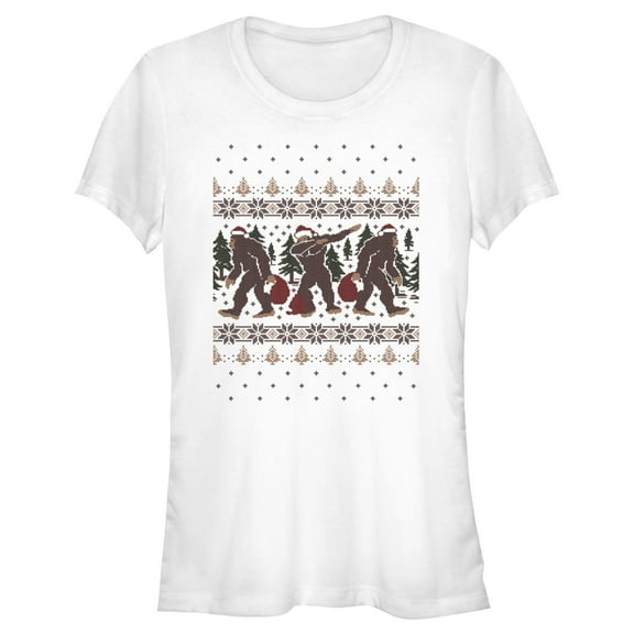 Junior's Lost Gods Ugly Christmas Dabbing Bigfoot Graphic Tee White X Large