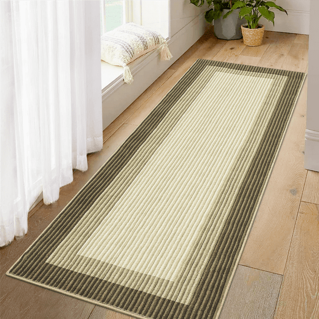 Garvee 2'x6' Washable Runner Rug Modern Bordered Rug Non-Slip Bedroom Runners Rug for Dorm Laundry Room, Brown