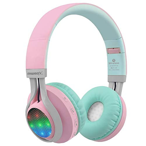 Riwbox WT-7S Auriculares Bluetooth con luz, Auriculares inalámbricos estéreo Plegables con micrófono y Control de Volumen para PC/Tableta/TV/Viajes (Rosa Verde)