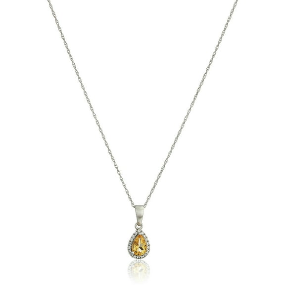 Pinctore 10k White Gold Citrine and Created White Sapphire Pear Halo Pendant Necklace, 18"