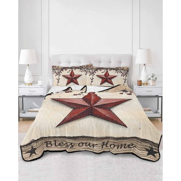 Quilts Full Size, Red Texas Star Rustic Soft Comforter Bedding Set for Bed, Country Star Berries Wooden Lightweight Quilted Bedspread with Pillow Cover(2 Pieces) for All Season, 78x90 Inch
