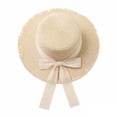 thumbnail image 4 of Helii Women Flat Top Straw Wide Brim Sun Hat Boater with Ribbon Bow and Long Streamers, Frayed Edge Floppy Beach Hat Linen Like Woven Breathable Foldable Panama Fedora Cap C,One Size, 4 of 4