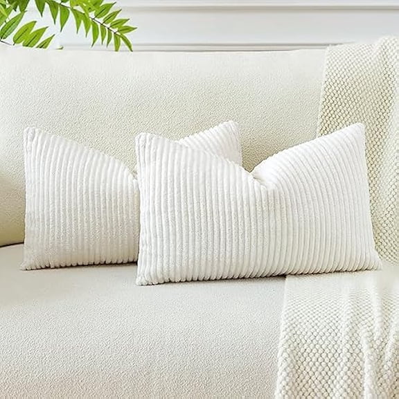 Eryueer Set of 2 Soft Corduroy Striped Cushion Covers 30x50 cm Boho Decorative Throw Pillow Covers Lumbar Cushion Case Couch Home Decor Pillowcases for Sofa Bedroom 12x20 Inch (Beige White)
