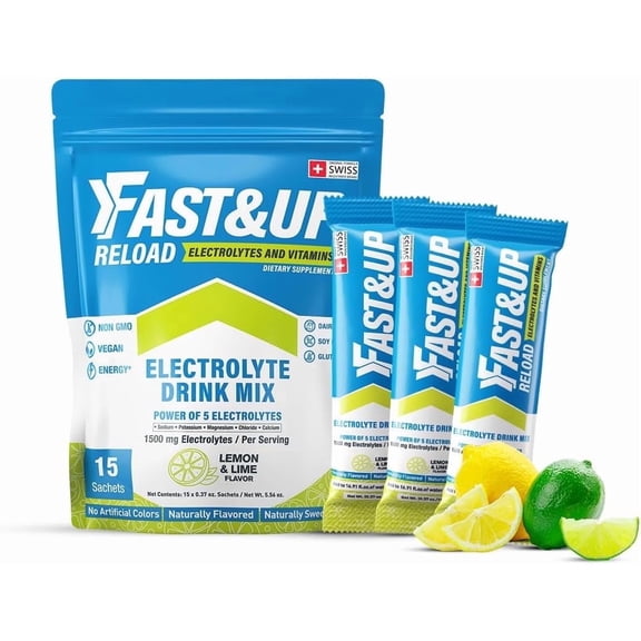 Fast&Up Reload Lemon Lime Electrolyte Drink Mix Hydration Powder with 1500 mg Electrolytes & Vitamins C B12, 15 Servings