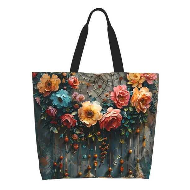 Fotbe Floral Dreamcatcher Elegance Bolsa Tote Estética de Lona con Estampado para Mujer - Bolsa Reutilizable de Hombro Casual para Vacaciones, Compras, Trabajo y Gimnasio