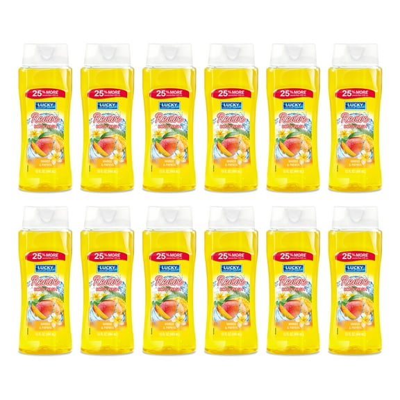 Lucky Super Soft Revive Body Wash. Soothes, Softens and Moisturizes Your Skin. Mango and Papaya Fragrance. 15 fl.oz / 444 ml. Pack of 12