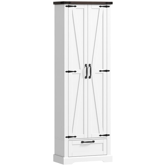 71" White Country Style Pantry Cabinet | Adjustable Shelves & Drawer | Kitchen & Dining Room Storage | MDF, 23.7"W x 11.9"D | Tall Cabinet