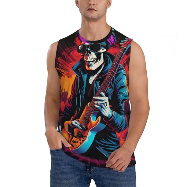 Fotbe Rock Skull Singer Men's Camiseta sin Mangas Estampada para Hombres, Playera Casual para Gimnasio, Entrenamiento, Playa-3X-Large