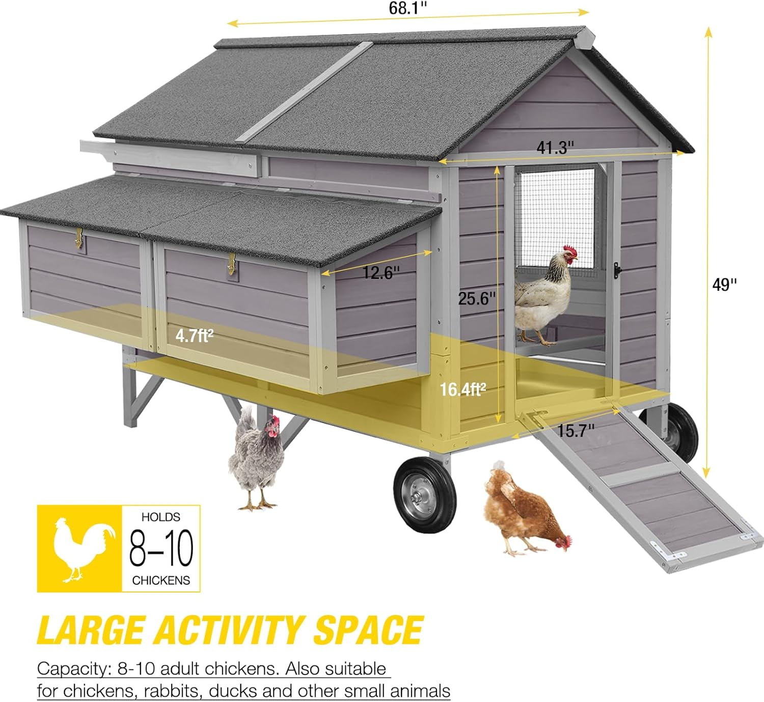 Aivituvin Chicken Coop for 8-10 Chickens Mobile Wooden Hen House with Nesting Box,Large Poultry Cage Upgrade with Strong Iron Frame,Durable & Waterproof