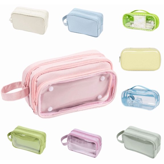 Pencil Case Large Capacity, Clear 3 Compartment Pencil Pouch with Zipper, Big Pen Organizer for Supplies, Travel Makeup Bag for Teens Adults - (Pink)