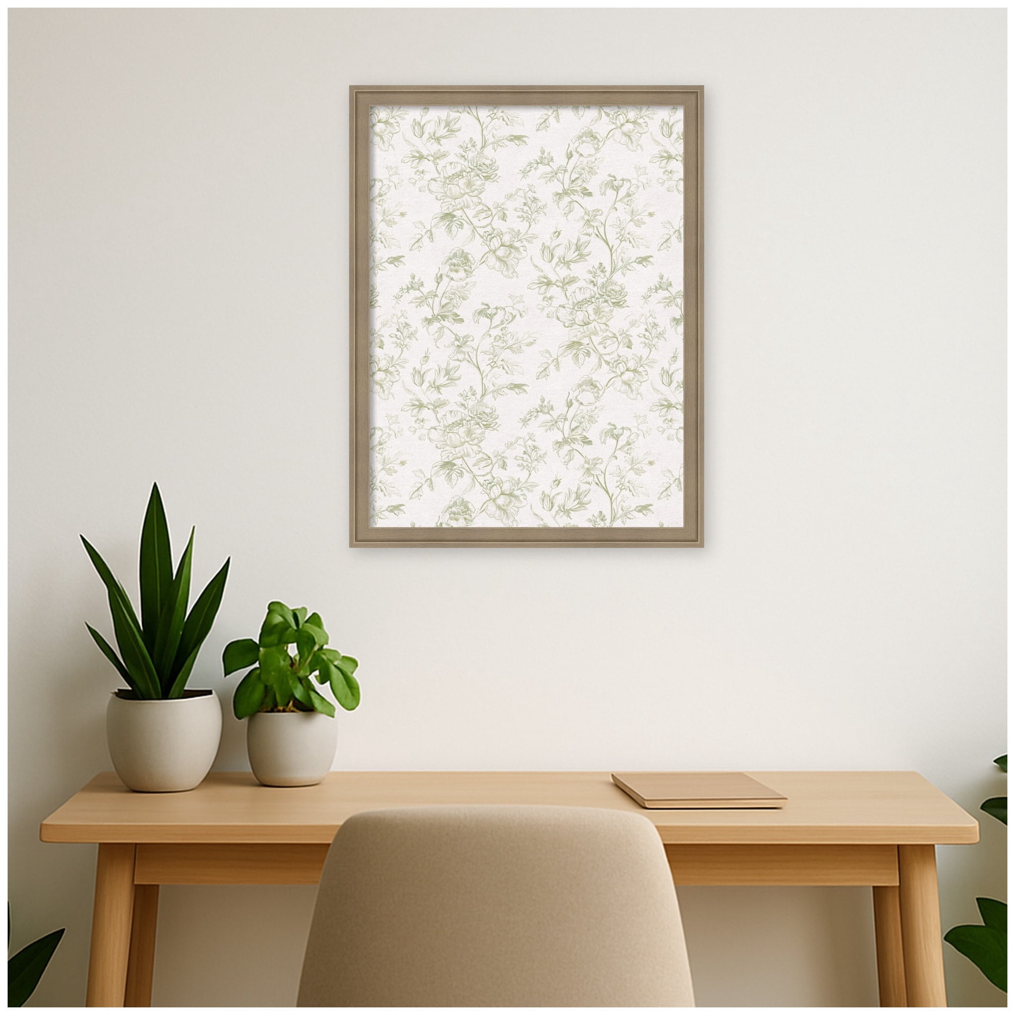Kate and Laurel Framed Fabric Pinboard 20 x 26, Green and White Floral Toile Printed Linen Casual Transitional Bulletin Board for Vision Board or Wall Organization, Florence Light Brown Frame