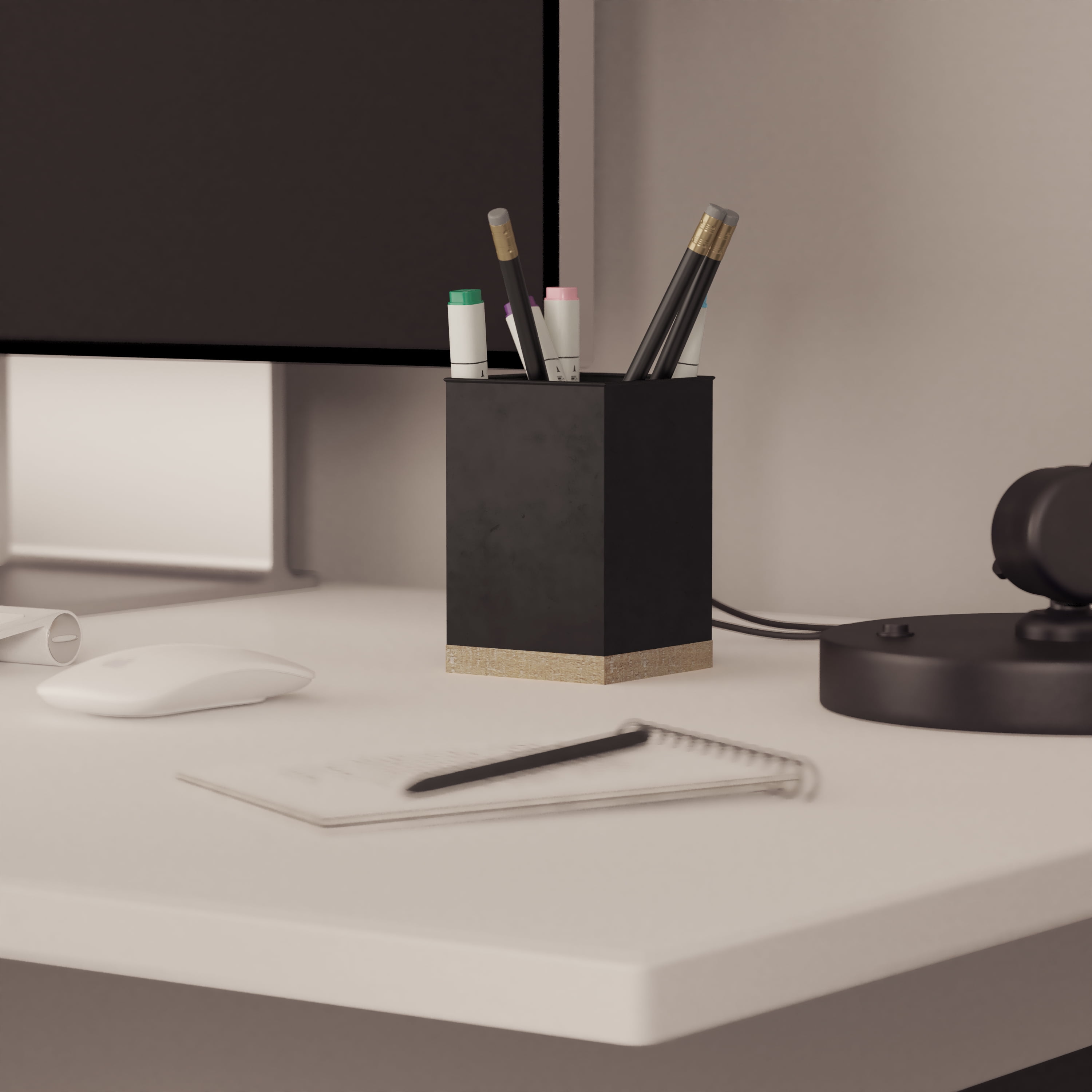 Merrick Lane 3 Piece Desk Organizer Set for Desktop, Countertop, or Vanity in Black Finished Metal and Rustic Wood