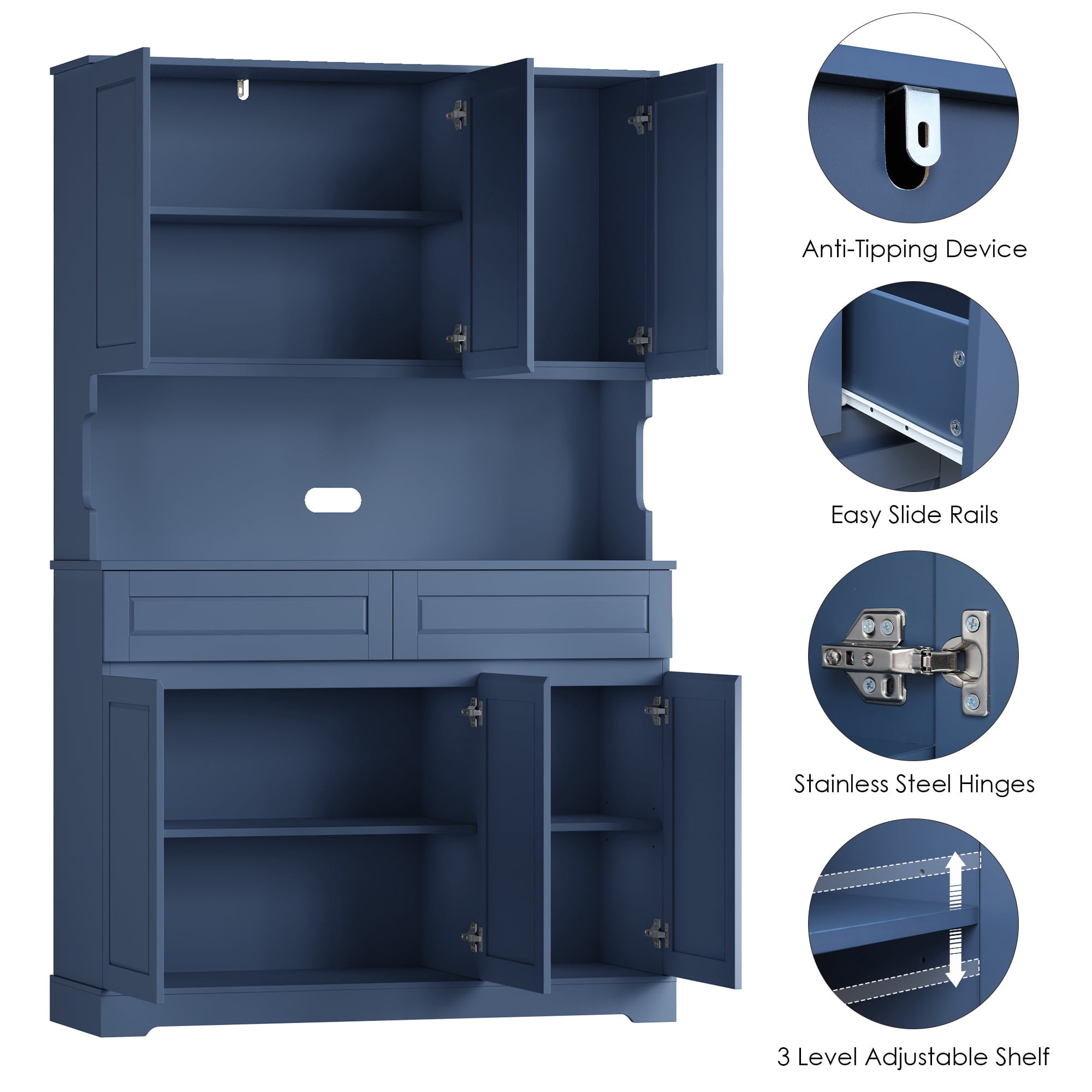 Homfa 73.8”H Pantry Cabinet with 6 Doors and 2 Drawers, Microwave Stand Storage Cabinet with Grooved Handles and Adjustable Shelf for Kitchen Dining Room, Deep Blue