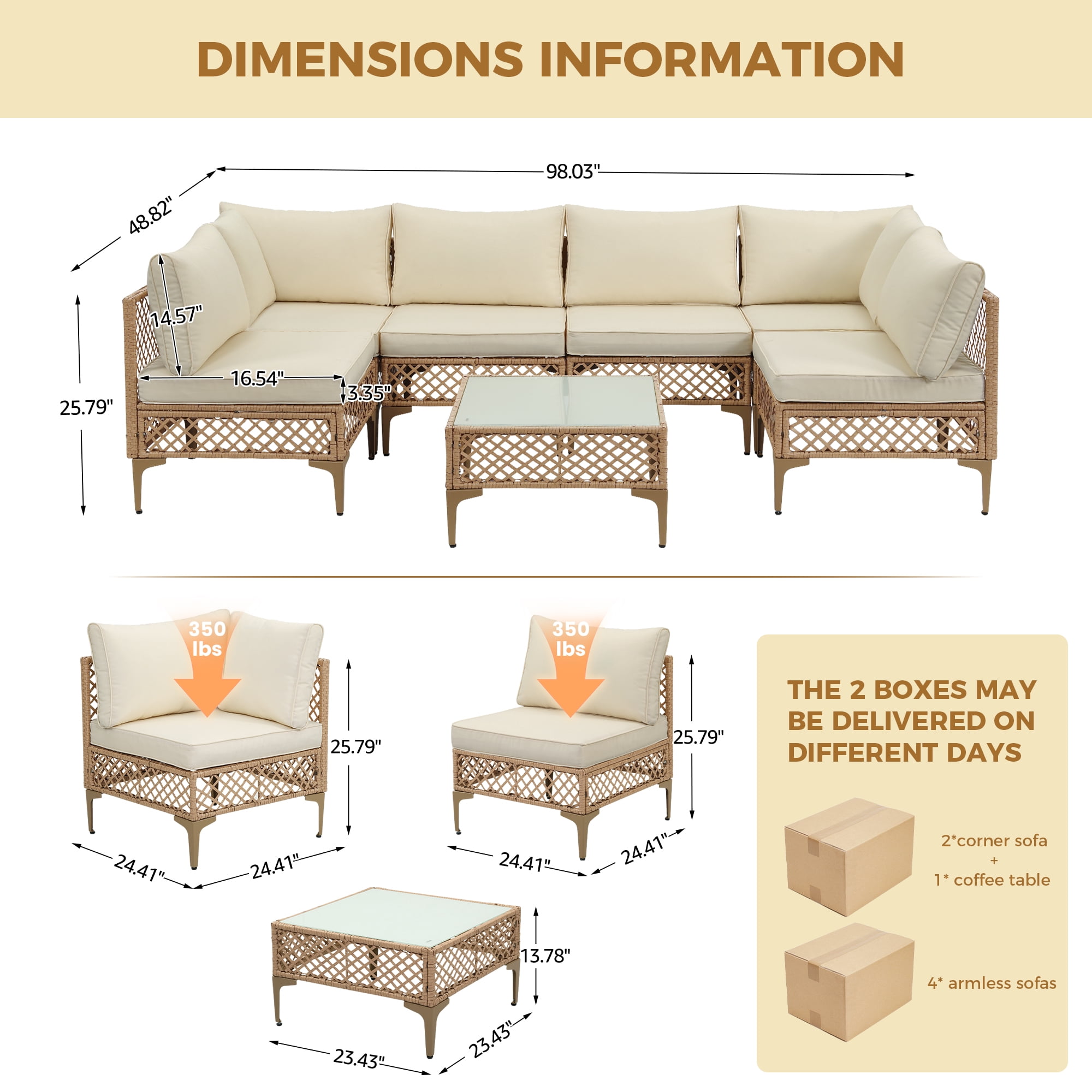 FHFO 7-Piece Patio Furniture with Tea Table,Rattan Wicker Outdoor Sectional Furniture Sofa Conversation Set,Bohemian Style Courtyard Dialogue Set, for Backyard Poolside Porch Garden, Yellow/Beige