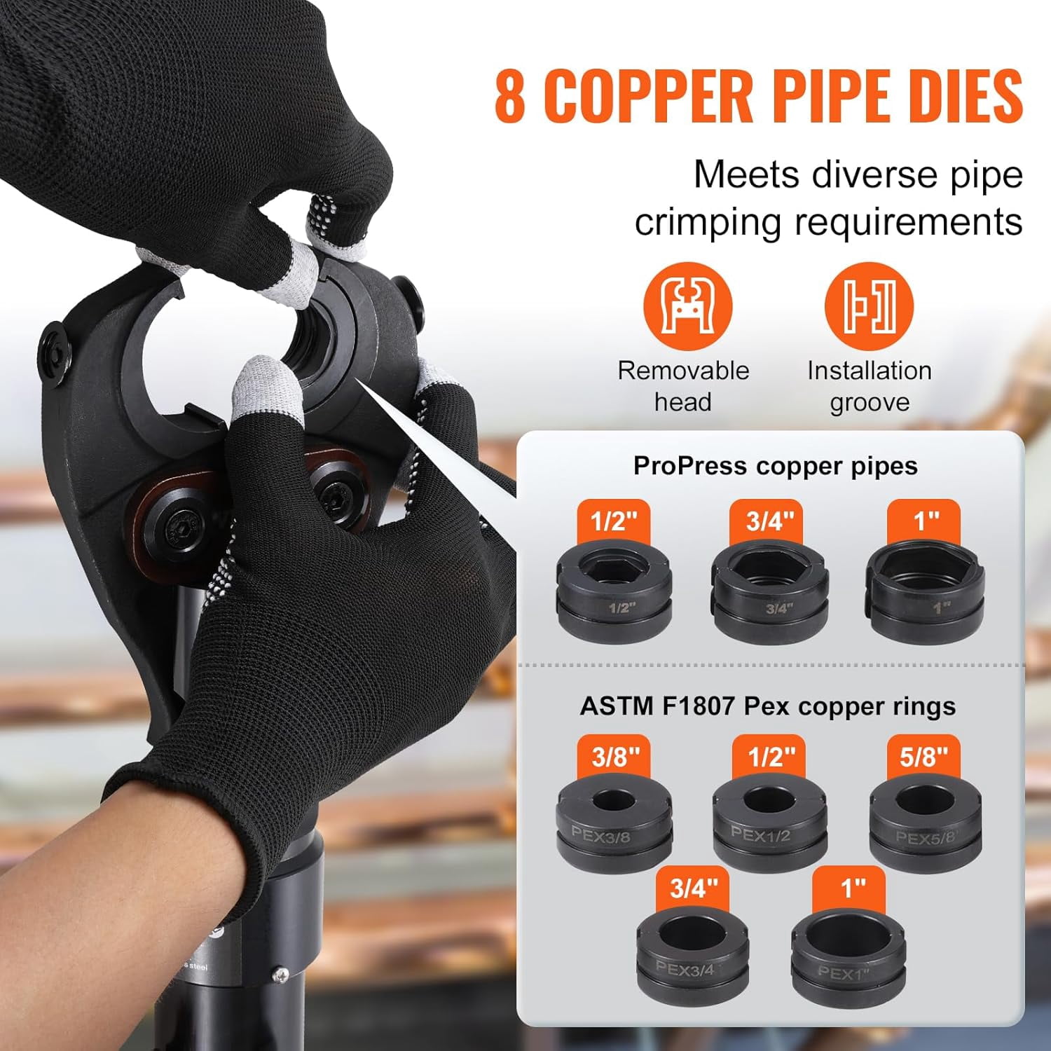 Hydraulic Copper Pipe Crimping Tool, 360° Rotatable Press Tool with Multi Size Jaws for Copper Pipe & ASTM F1807 Pex Pipe Copper Ring
