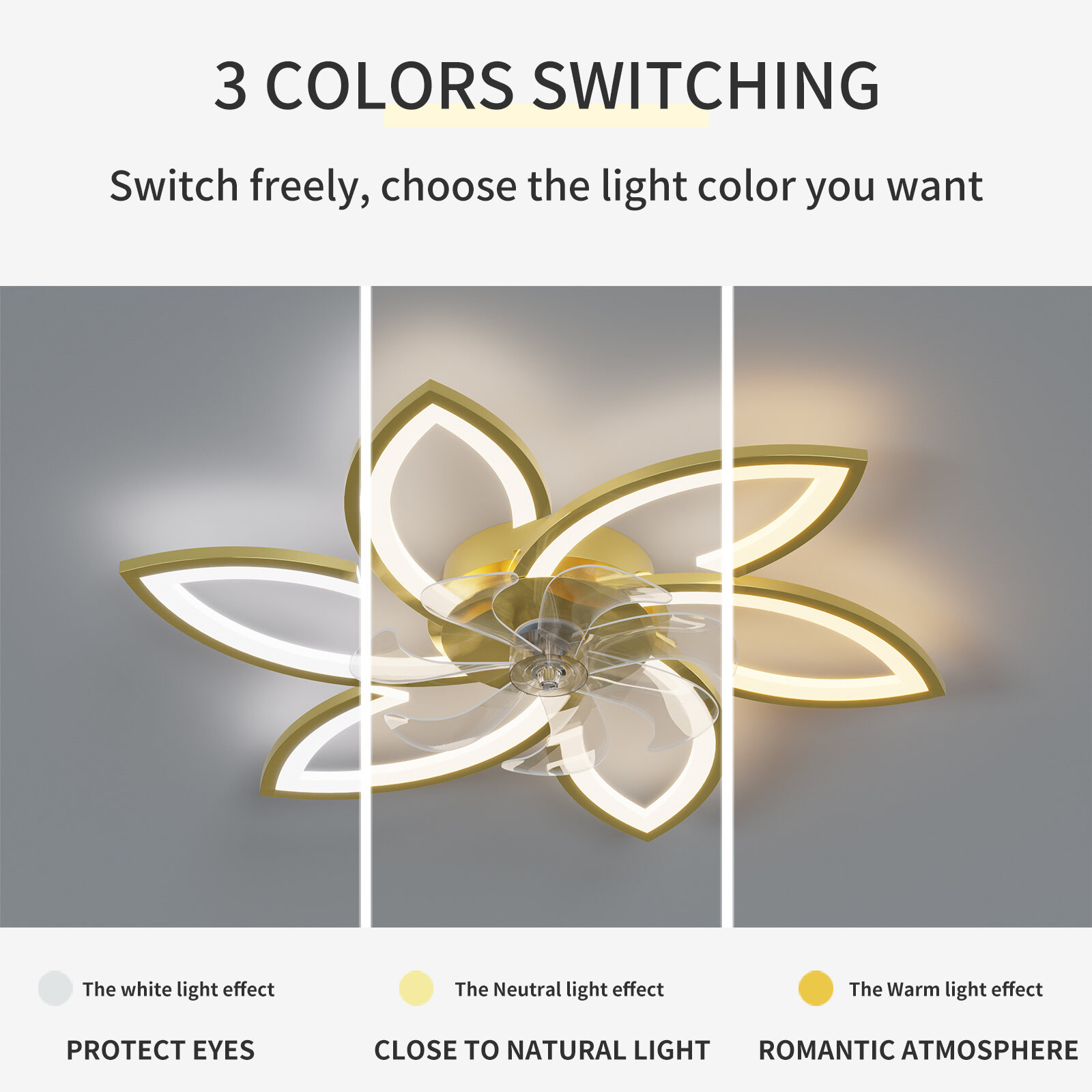 Electric Fans Modern Ceiling Fan with Lights Remote Control, 3 Light Color 6 Speeds,Gold Color Ceiling Fan Lamp for Kitchen Bedroom,Ceiling Fans