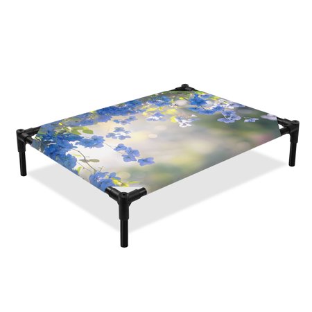 Blue Flower Elevated Dog Bed Spring Floral Leaf Botanical Plant Country Blurry Cooling Breathable Outdoor Raised Dog Cot Bed with Metal Frame Non-Slip Feet for Medium Dog 24x20in