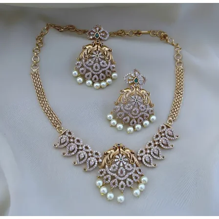Gold Plated Choker Necklace with Earrings South Indian Bollywood Bridal Jewelry Antique Matte Finish Peacock Short Necklace Pakistani CZ Jewelry Set