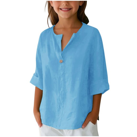 SERTG Girls 3/4 Long Sleeve Shirt Linen Button Down Fall Winter V-Neck Trendy Solid Color Loose Casual Tops for Children 5-14 Years(Sky Blue,9 Years)