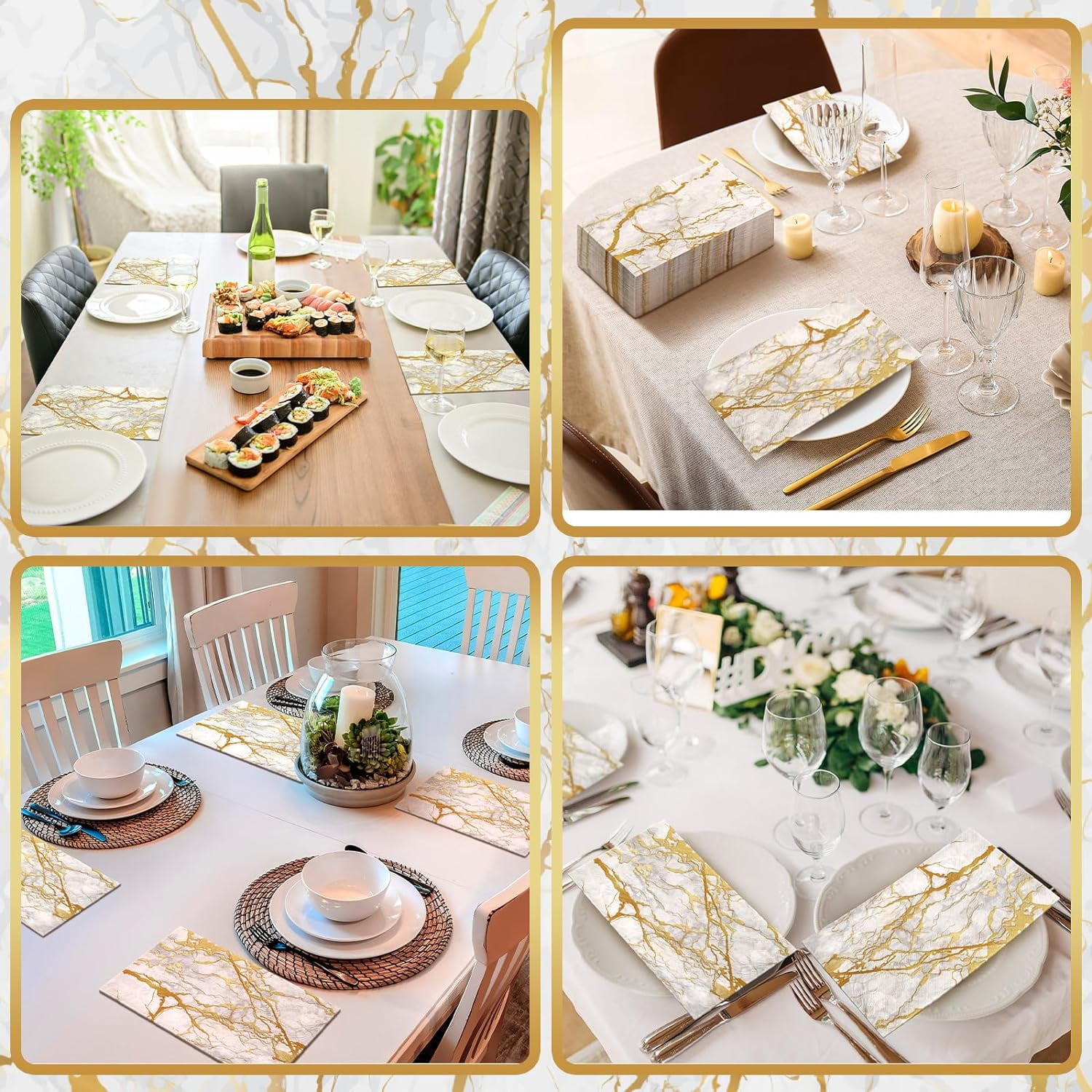 100 Pcs Marble Guest Napkins 2 Ply Disposable Guest Bathroom Paper Napkins Black Gold Marbleized Hand Towels for Home Bathroom Kitchen Table Decor (White Gold)