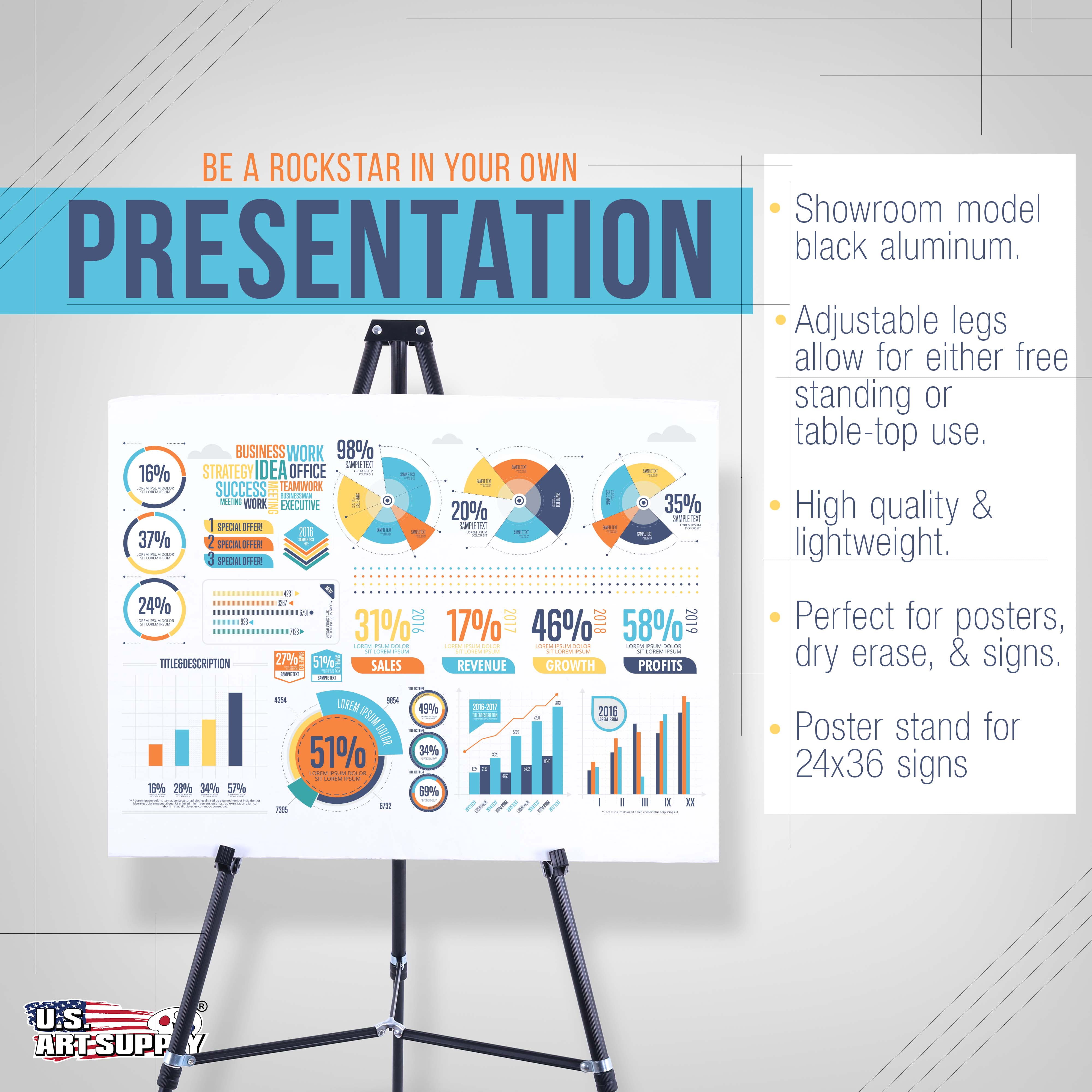 U.S. Art Supply 66" High Showroom Black Aluminum Display Easel and Presentation Stand, Adjustable Floor and Tabletop Use