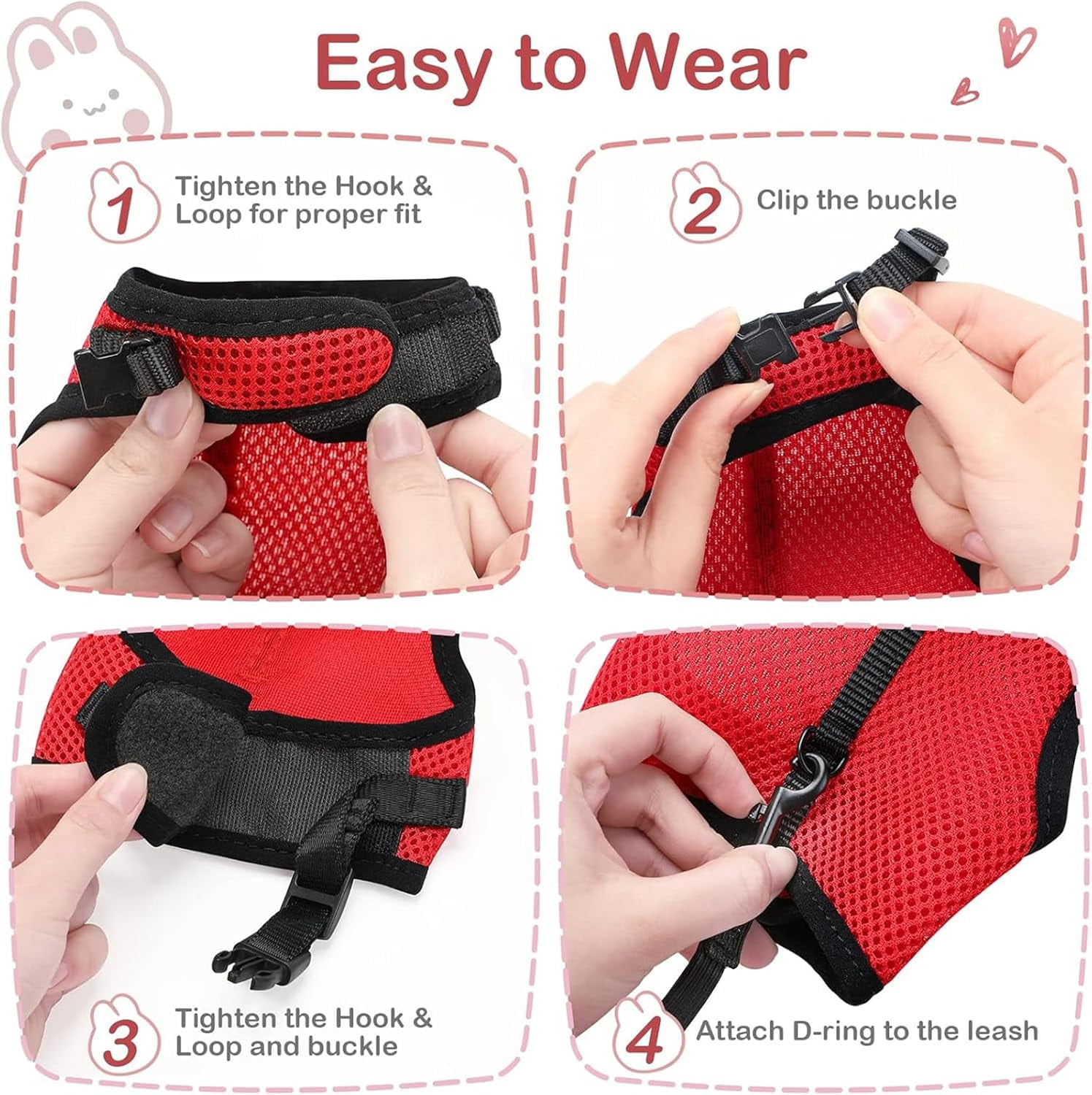 Rabbits Harness, With Elastic Lead, Adjustable Rabbit Harness And Lead Set, Mesh Vest for Hamsters Small Cats Guinea Pig Walking(L, Red)