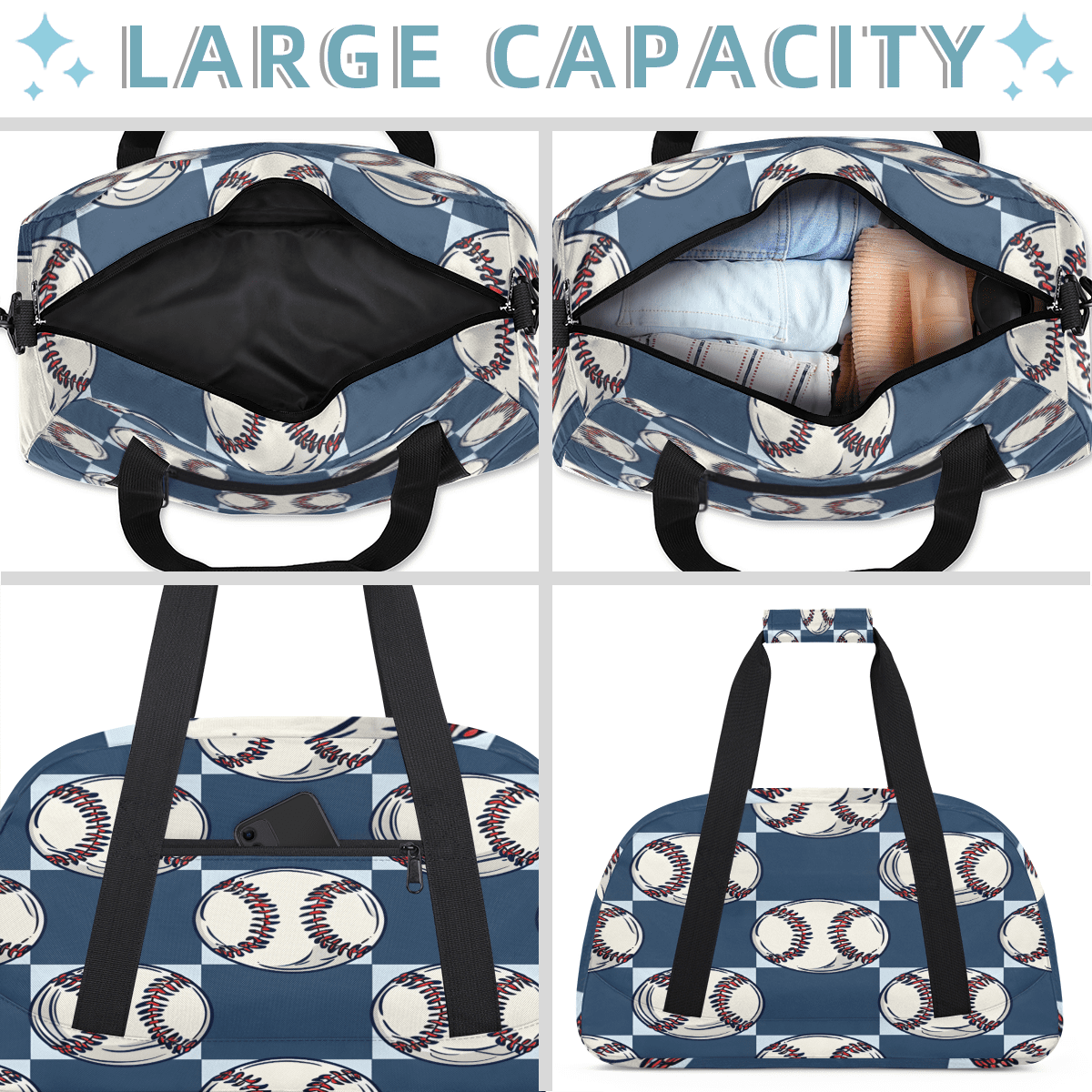 Herdesigns Baseball Sports Duffle Bag for Women & Men, Baseball Print Gym Bag Dance Bag Overnight Bag Carry On Weekender Travel Bag