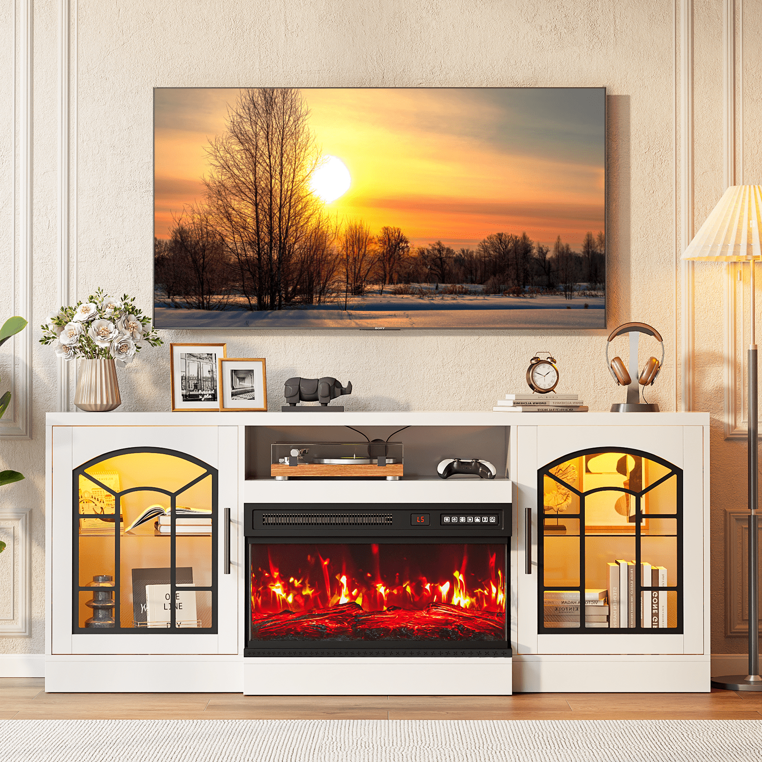 Waleaf 60" TV Stand with 3-Sided Glass Electric Fireplace, Modern Media Entertainment Center for TVs up to 65", Slim Wood Console with 21-Mode LED Lights & Adjustable Shelves