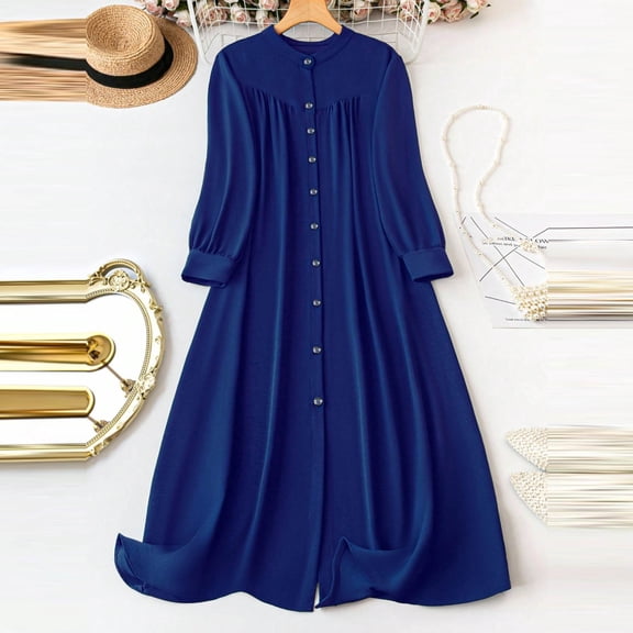 Roncen Plus Size Women’s Crinkle Textured Midi Dress, V-Neck Long Sleeve Button Front Dress with A-Line Skirt