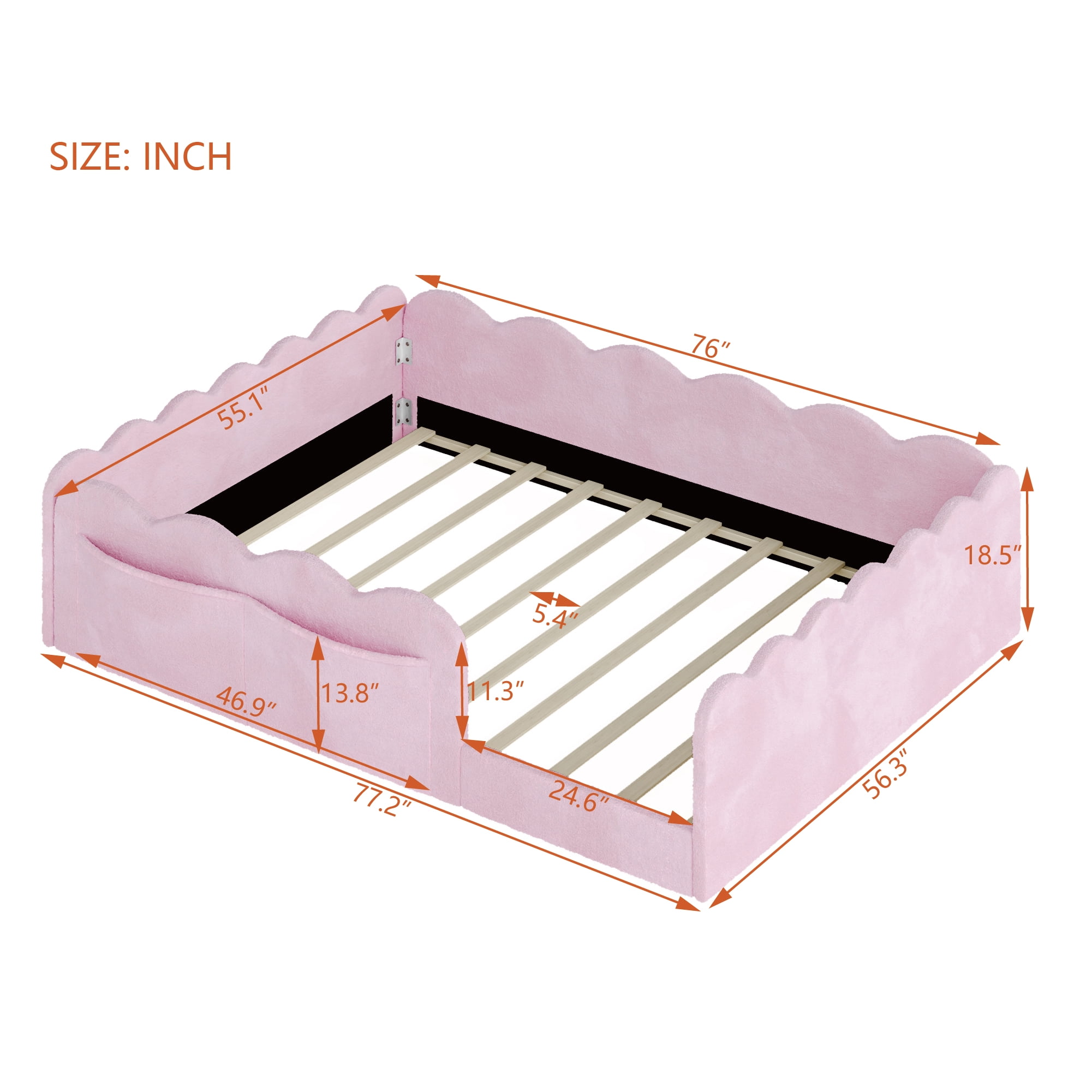 Howcool Montessori Upholstered Floor Bed with Soft Wave Guardrails,Full Size Rabbit Plush Toddler Bed with Storage Pockets,Pink
