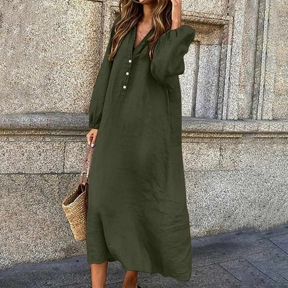 qolati Women's Cotton Linen Dress 2023 Plus Size Button Down V Neck Lantern Sleeve Long Maxi Dress Casual Solid Color Flowy Beach Sundresses