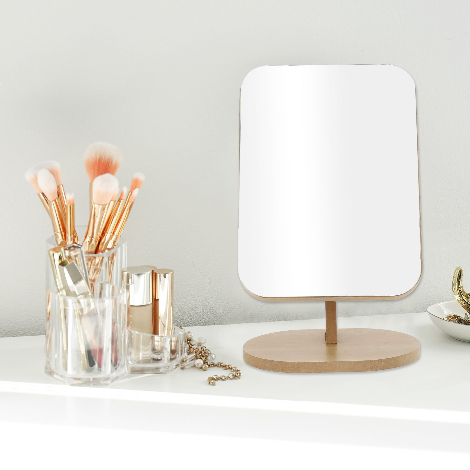 Unique Bargains Large Rectangle Desktop Cosmetic Mirror for Travel Wood Color